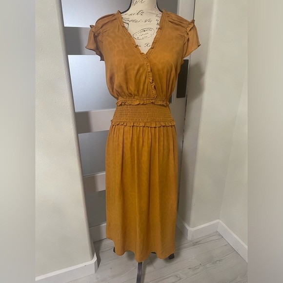 Current Air Dresses & Skirts - Current Air Yellow Sundress with Ruched Bodice Flutter Sleeves and V-Neck